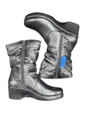 NWOT Alegria Ivy 641 Black Leather Ruched Mid Calf Wedge Boots EU 38 (7.5-8)
